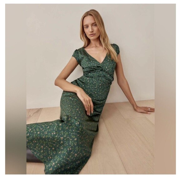 Reformation Kaye Silk Dress Women’s Size 8 Coriander Green Floral Seen On Tv - Picture 5 of 12